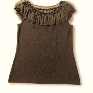 Black Beaded collar mesh semi sheer short sleeve romantic, goth blouse -Small